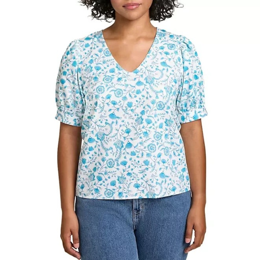 Draper James Women Blue Paisley V-Neck Puff Short Sleeve Cotton Blouse Size L